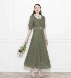 LEJA レースビッグカラー花柄刺繍ウエストマークロングフレアドレス