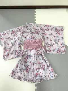 子供用浴衣 130 薄いピンク花柄ユニコーン　セパレート　フリル帯付き