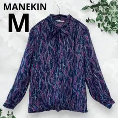 マネキン　ボウタイ　リボン　シアーシャツ　総柄　ネイビー　カジュアル　総柄　M