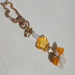 ハンドメイド 猫 リボン 星 スター チャーム キーホルダー オレンジ