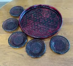 最終価格！籃胎漆器、らんたい漆器、丸盆、茶托、セット。郷土竹細工工芸品。