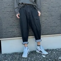 グローバルワーク デニムパンツ テーパード ストレッチ ネイビー S｜春夏