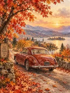 c1824_水彩画 風景画 秋の紅葉 クラシックカー 夕日と湖畔 アートポスター