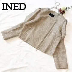 INED イネド ノーカラー ラメツイードジャケット ベージュ系　綿混　日本製のサムネイル