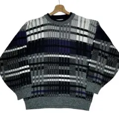 USA製LE TIGRE チェック柄ニットセーター タイガーロゴ マルチカラー