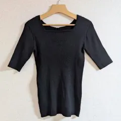 nano universe 2WAY リブ編みカットソー 半袖 ブラック