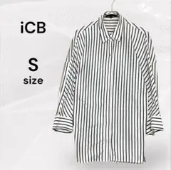 iCB 美品 ストライプ 五分袖シャツ S ブラウン ブラウス レディースシャツ