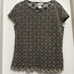 레이스 꽃 패턴 자수 탑스 티셔츠 반소매 vintage 헌 옷 블랙 골드
