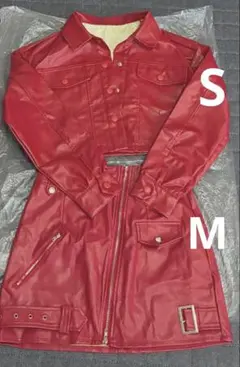 フェイクレザー ジャケット スカート セットアップ レッド　S、M ４点セットのサムネイル