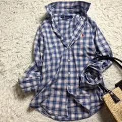 ラルフローレン】シャツワンピース 長袖 膝丈 フレア 白襟 ポニー刺繍