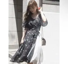 美品　マーキュリーデュオ　ロングワンピ　フラワーカシュクールプリーツワンピース