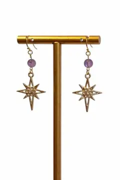 【一点物】上品アメジスト×ゴールド星チャームピアス｜大人可愛い 華奢 お出かけ