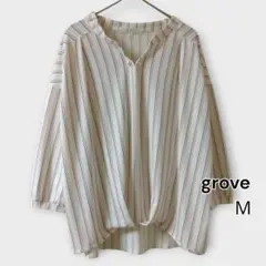 grove ストライプ柄スキッパーブラウス パール調ボタン 七分袖 M
