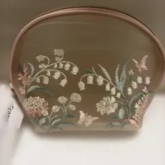 フランフラン　チュール刺繍ポーチ　レース　花柄ピンク　ラウンド型のサムネイル