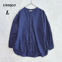 UNIQLOユニクロ　リネンブレンドバンドカラーシャツ ネイビー　7分袖　春