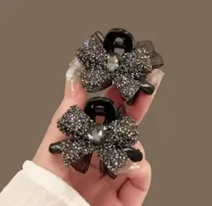 ビジュー付きリボンヘアクリップ2個セット