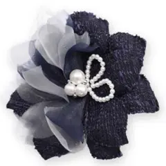 新品未使用！【鎌倉工芸】 ツイードコサージュ　ネイビー　日本製　ケース付き