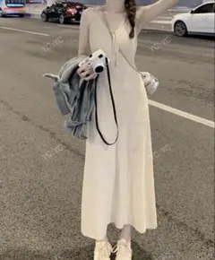 Shein ホワイト ノースリーブ ロングニットワンピース