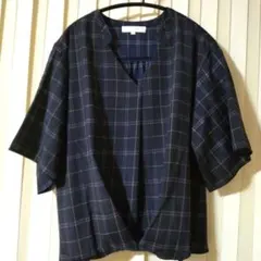 grove ネイビー チェック 五分袖 M ゆったり 体型カバーシャツ