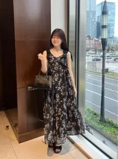 GRL リボンストラップ花柄フレアロングワンピース dh1366