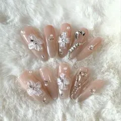 ネイルチップ　花柄　浅ピンク　ロングネイル　結婚式　現品購入