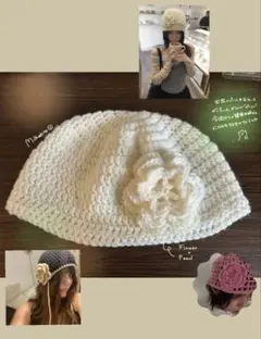 ハンドメイド ニット ヘアバンド アイボリー 花モチーフ パール付き