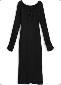 GRL レースアップ袖ギャザーリブタイトロングワンピース[ru1269]