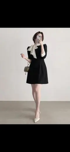 SHEIN ボウタイ付きバイカラーミニワンピース ブラック