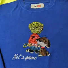 MELLOW 青コットン素材 長袖カットソー 刺繍 犬と人間Not a game