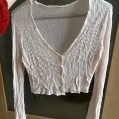 リブ編みピンククロップドカーディガン