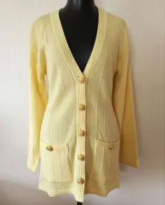 ◆薄い黄色のウール混長袖ロングカーディガン／長袖ニット