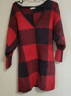 H&M 赤・黒 チェック Vネック ワンピース L