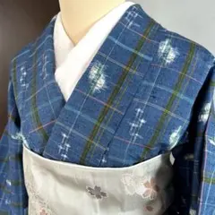 美品】単衣 着物 大島紬調 幾何学花更紗 ブルーグリーン 洗える着物 青