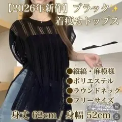 【初秋にぴったり】着痩せ♪縦柄麻模様　サマーニット　フリーサイズブラック