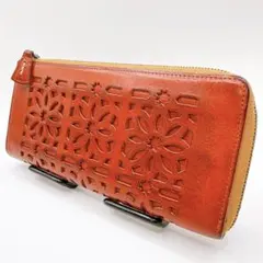 genten ゲンテン カットワーク L字ファスナー 長財布 レッド 本革