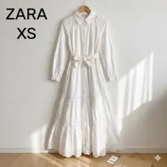 ZARA 刺繍 ティアード シャツワンピース リボンベルト ホワイト 梯子レース