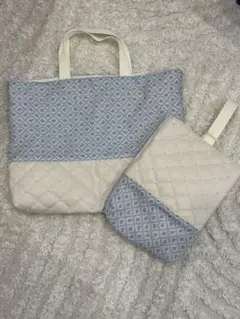 レッスンバック　上履き袋　韓国生地　パール付きバック　お花柄　小花　青　水色