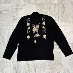 カシミヤ100％ 黒 花柄 ニット セーター レディース L相当