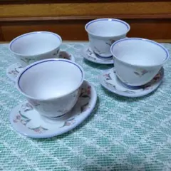 昭和レトロ　花柄　湯呑み　陶器　茶托4客　彌乃為