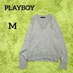 【プレイボーイ】Vネックニット　M　グレー　ウール混　赤ロゴ刺繍