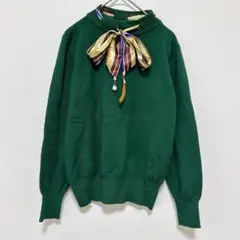 【レトロ可愛い】ボウタイ リボン ニット セーター パール付 グリーン 緑 F