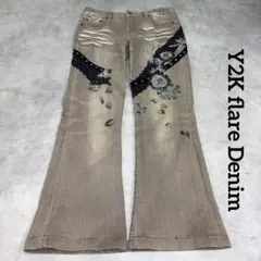 y2k グランジ 装飾フレアデニム レース 花柄 刺繍 アーカイブ 平成 ギャル