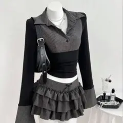 ストライプデザイン長袖ニットトップス