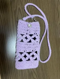 かぎ針編み ピンク(薄く紫がかってる)スマホショルダーバッグ