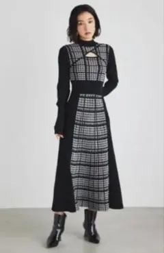 rienda 2WAY LONG SLV 千鳥柄フレアKnit OP ワンピース