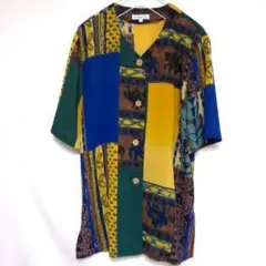 古着 vintage シャツ ブラウス 半袖 総柄 黄色 青 茶色 緑