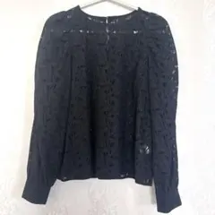 ブラック刺繍ブラウス 長袖 パフスリーブ　レース　シアブラウスのサムネイル