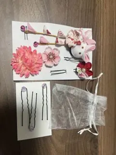 和風花飾りセット（ピンク） つまみ細工
