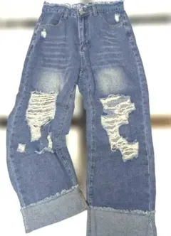 レディース　ロールアップダメージワイドデニムパンツS美品
