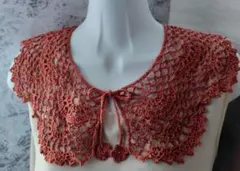 つけ襟　20番レース　渋柿色　スカラップ　花モチーフ　手編み　ハンドメイド